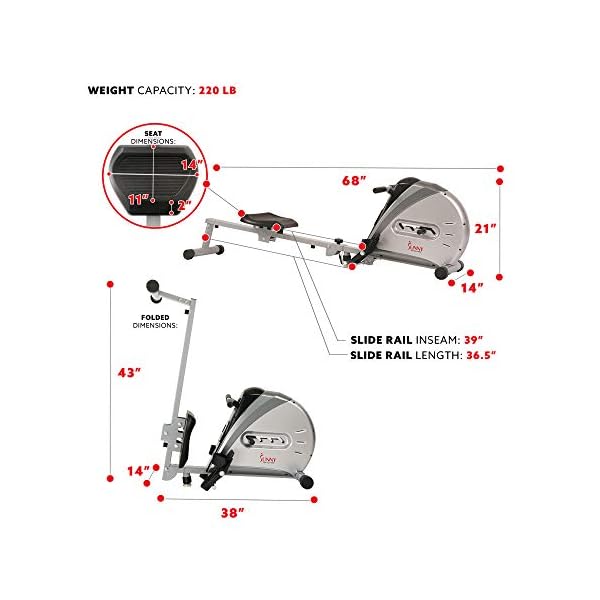 Sunny Health & Fitness Rowing Machine Rower Ergometer with Digital Monitor, Inclined Slide Rail, 220 LB Max Weight and Foldable - SF-RW5606 - Image 6