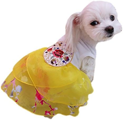 Pet Clothes Lady Improve Dress Hanbok Cotton Apparel Embroider Puppy Korean Traditional Costume (M : 10(L) 14.8(C) inch, Yellow)