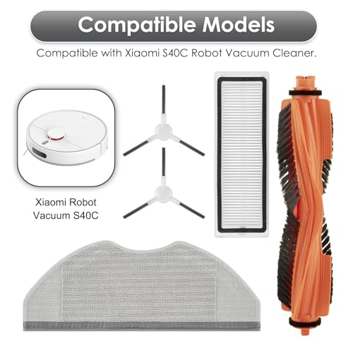 (12pcs) S40C Replacement Compatible with Xiaomi S40C Robot Vacuum Cleaner, 1 Roller Brush, 4 HEPA Filters, 3 Cleaning Pads, 4 Side Brushes, Accessories Set