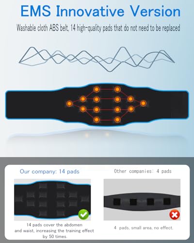 Abs Trainer Muscle Stimulator, Washable & Skin-Friendly Ab Toning Belt with 14 Pads, 8 Modes 30 Levels, USB Rechargeable, Portable Fitness EMS Muscle Stimulator for Men & Women, Home Office