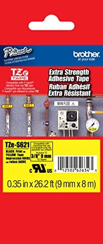 Brother 3/8" (9mm) Black Print on Yellow Extra Strength Adhesive P-touch Tape for Brother PT-1800, PT1800 Label Maker