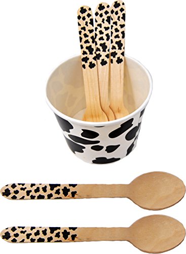 Perfect Stix Moo Print Cup and Spoon 8oz 100 50 Paper Yogurt Cups & Spoons with Cow Print, 8 oz (Pack of 100)