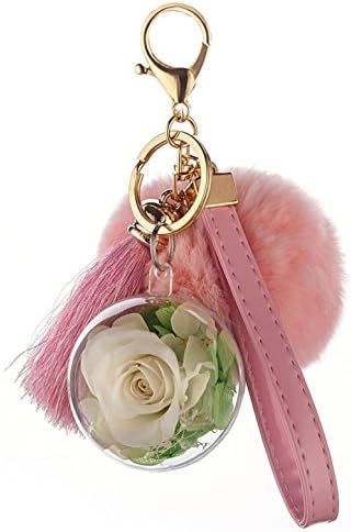Fresh Rose Keychain Handbag and Purse Charm with Tassels and Rabbit Fur Pom Pom