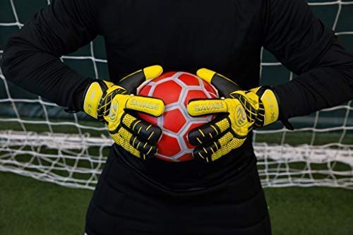FINGERSAVE Goalkeeper Gloves by K-LO - The Savage Goalie Glove Has Fingersave Protection in All 5-Fingers to Prevent Injury and Improve Shot Blocking. Super Sticky Palms.Youth & Adult Sizes. Yellow.