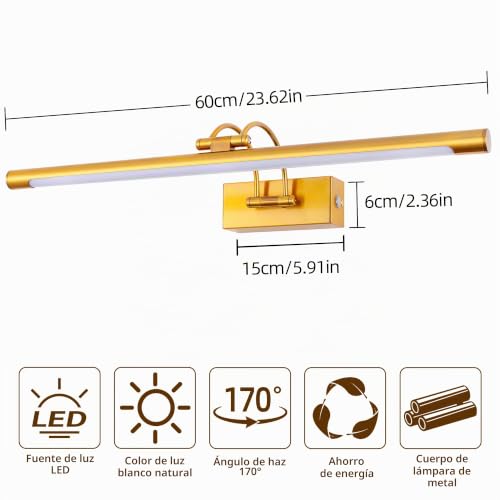 TYhogar Bathroom Mirror LED 60 cm 3 Colour Temperatures Adjustable and Brightness | 12W Brass Wall Light Arch with Swivel Head, Dimmable Without Scale, Anti-fog, Illuminated Mirror for Bathroom and Vanity