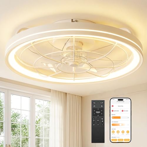 Ceiling Fan with Lighting, Dimmable Ceiling Light with Fan Quiet, Diameter 48 cm, 6 Levels, 3000-6500 K, Remote Control & App, Timer, Ceiling Fan Light for Bedroom, Living Room (White)