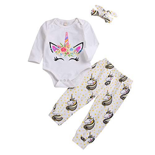Newborn Infant Baby Girl Outfit Floral Unicorn Printed Long Sleeve Romper + Pants Clothes Set (White # 3, 0-6 Months)
