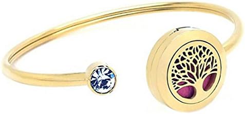 Efantina 20mm Aromatherapy Essential Oils Diffuser Cuff Bangle Bracelets with Gift Box, 316L Stainless Steel 20mm Locket Jewelry with 10 Color Refill Cotton Pads, Tree of life (Gold tone)
