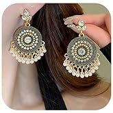 Missgrace Boho Indian Dainty Dangle Circle Beads Faux Pearls Rhinestone Earrings for Women Vintage Retro Chandelier Earrings Beaded Jhumka Jhumki Tassel Studs Traditional Gold-Plated Earrings for Women
