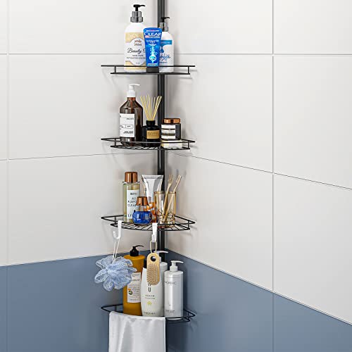 AIYAKA Tension Corner Shower Pole Caddy, with 2 Hooks, Bathroom Storage