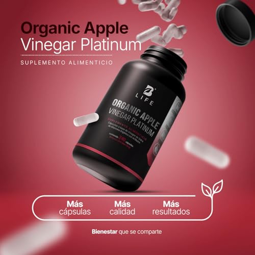 Vinagre de Manzana Orgánico con 240 cápsulas | Fórmula Platinum para Bienestar Digestivo | con Cultivo “La Madre | Organic Apple Vinegar Platinum B Life.