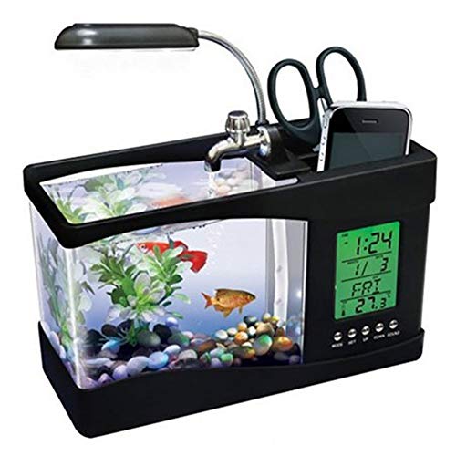 MQ Desktop Mini Fish Tank Betta Fish Aquarium USB Fish Tank with LCD Display LED Lights Multifunctional Pen Holder Alarm Clock Function Time/Date/Temperature Display