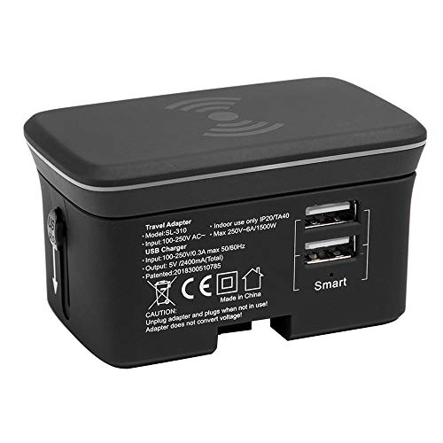 40000KM Travel Adapter with Wireless Charger Pad Universal All-in-one Plug Charger Adapter For 1500W High Power Appliances Dual Smart USB Port SW6207 (Black)