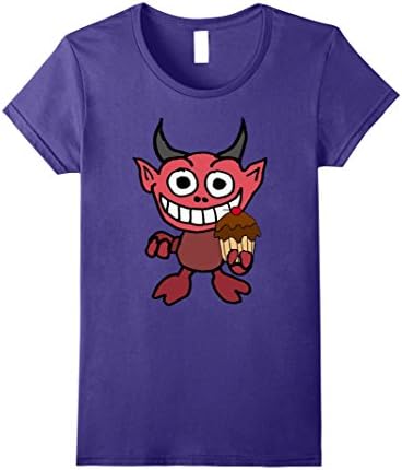 Womens Smilealottees Funny Devil eating Devil's Food Cake T-shirt Small Purple
