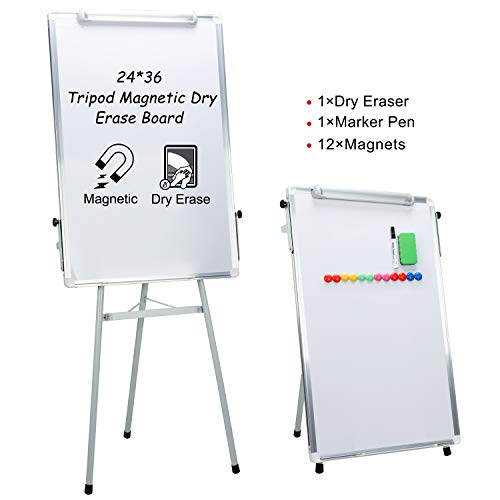 Magnetic Whiteboard Easel Tripod Dry Erase Board Flipchart Height Adjustable White Board Aluminium Framed for Office Bulletin with 1 Marker Pen, 1 Eraser,12 Magnetsï¼Œ36x24inch
