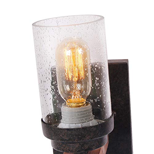 Eumyviv Rustic Wood Wall Sconce with Seeded Glass Shade, Vintage Industrial Hardwire Bathroom Light Log Cabin Home Retro Edison Wall Light Fixtures 1-Light, Black (17804)