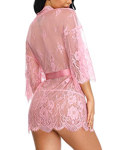 LALAVAVA Women Sexy Robe Lingerie Set Lace Flower Kimono Babydoll Short Nightgown (Pink, L)