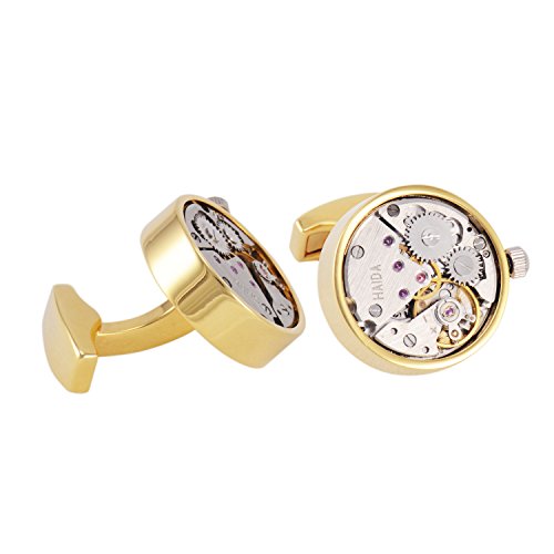 GOHUOS Steampunk Watch Movement Mechanical Cufflinks Old Vintage Mechanical Gold and Silver Cufflinks with Gears Round