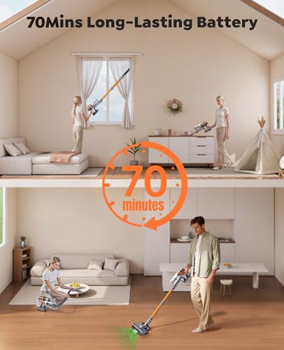 EzyTidy Cordless Vacuum Cleaner, 55KPa 650W 70Mins Stick Vacuum Cleaners for Home, Self-Standing Handheld Vacuum with 3.3Ft Extendable Hose, LED Touch Screen for Pet Hair/Floor/Carpet