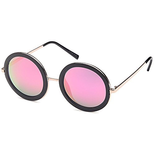 SUNLOUNGER Womens UV400 Vintage Retro Sunglasses - Mirror Pink Lens on Gold & Black Frame