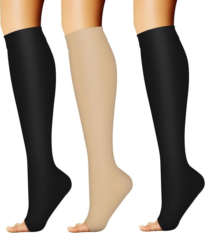 Photo 1 of 3 Pairs Black, Nude Open Toe Compression Socks for Women & Men Stockings Knee High Stockings Circulation20-30mmHg is Best Support