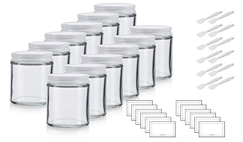 Clear Thick Glass Straight Sided Jar with White Metal Airtight Lid - 4 oz / 120 ml (12 pack) + Spatulas and Labels