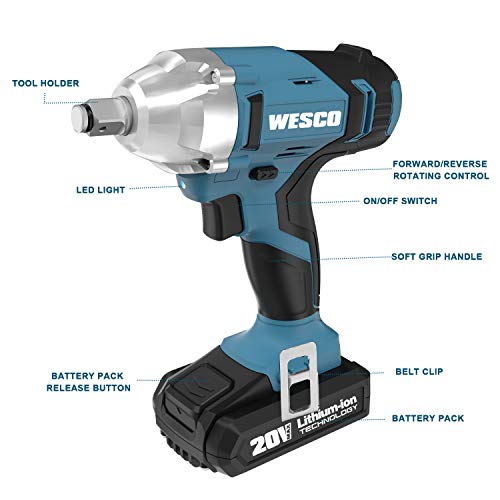 WESCO 20V Cordless Impact Wrench, 1/2-inch, 1602In-lbs Max Torque, 2.0Ah Li-ion Battery with Charger, 3000 Max IPM, 2400 Max RPM, Impact Sockets, Belt Clip for Easy Carrying/WS2905U