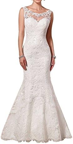 Irenwedding Women's Jewel Open Back Lace Applique Sexy Fishtail Wedding Dresses Ivory US8