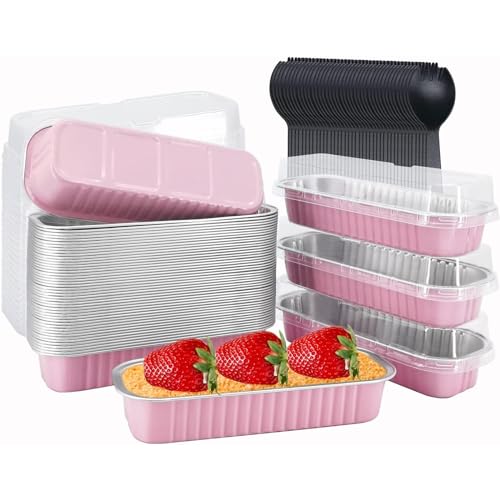 Moldes para pasteles con tapa, 100 mini moldes para pan de aluminio, 100 cucharas de postre con tapa, reutilizables, 6.8 oz, 200 ml, horneables, aptos para pasteles, brownies (rosa)