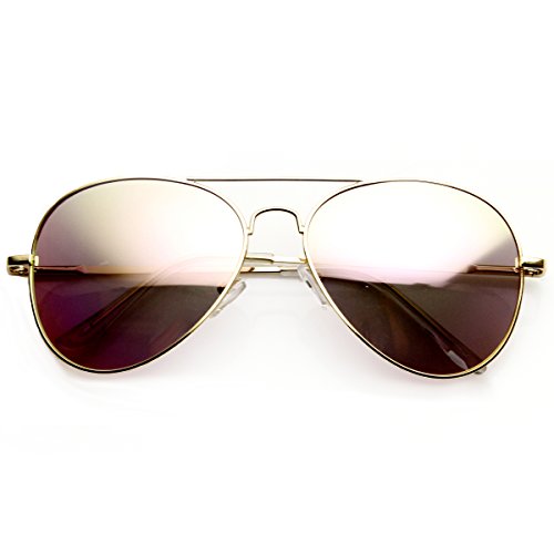 zeroUV - Classic Metal Teardrop Color Mirror Lens Aviator Sunglasses w/ Spring Hinges (Gold / Pink Mirror)
