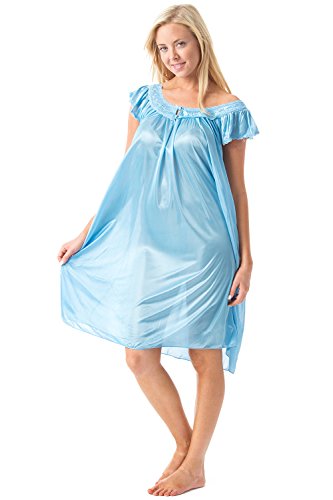 Casual Nights Women's Satin Nightgown Embroidered Lace Cap Sleeve - Light Blue - Large