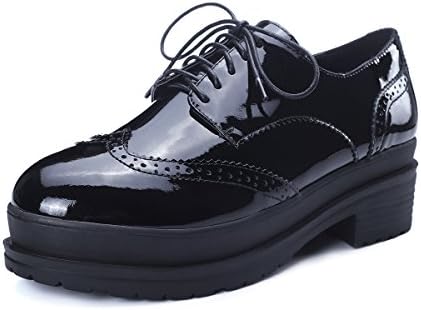 MINIVOG Women's Wingtips Block Low Heel Oxfords Shoe Black 7