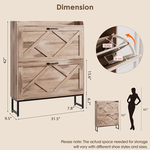 Nicetree Shoe Cabinet with 2 Flip Drawers, Narrow Shoe Storage Cabinet with Metal Legs, Farmhouse Slim Shoe Organizer Cabinet for Entryway, Hallway, Foyer, Toasted Oak