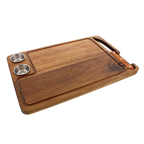 Yukon Glory Gourmet Steak Board Premium Acacia Wood Plate for Serving Gift Set Includes Carving Sauce Cups & Knife