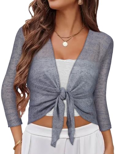Women Cropped Cardigan Bolero Shrug Sheer Tie Front Tops,Steel Grey,XL at Amazon