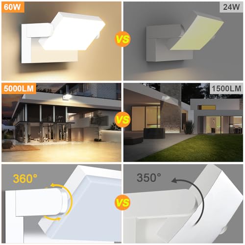 ledmo 60W Outdoor LED Wall Light 360° Modern Adjustable Outdoor Lamps Outdoor LED Spotlight for Terrace Entrance Gardens, White, 126 LEDs, 5000 Lumens, Warm White 3000K, IP65