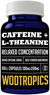 Caffeine and L-Theanine Capsules for Relaxed Focus, No Caffeine Crash and Alpha Brain Cognition - Caffeine + L-theanine Nootropic for Enhanced Mental Performance by WodTropic 100%