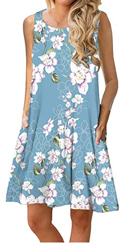 ETCYY Women's Summer Casual Sleeveless Floral Printed Swing Dress Sundress with Pockets Light Blue