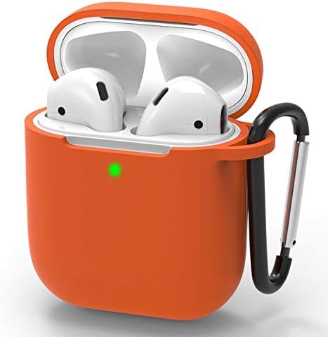 Airpods Case Portable Protective Upgrade Silicone Skin Cover with Anti-Lost Carabiner[Front LED Visible] Soft Washable Silicone Headphone Case Compatible with Airpods 2&1 Accessories - Dark Orange
