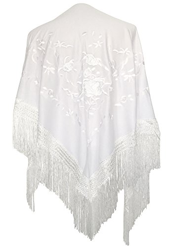 La Senorita Spanish Flamenco Dance Shawl white with white flowers size L
