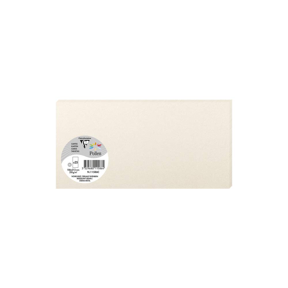 Clairefontaine 11586C Iridescent Cream Paper Pack of 25 Plain Cards DL Format 10.6x21.3cm 210gsm Invitation & Correspondence Cards Pollen Range Premium Smooth