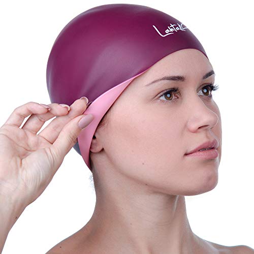 Swim Cap Reversible 3D - Swimming Cap Women Men - Silicone Swim Cap Waterproof- Best for Short and Medium Long Hair - Adult Swim Cap - Youth Swim Cap - Swim Hats (Windsor Wine & Rose Quartz)