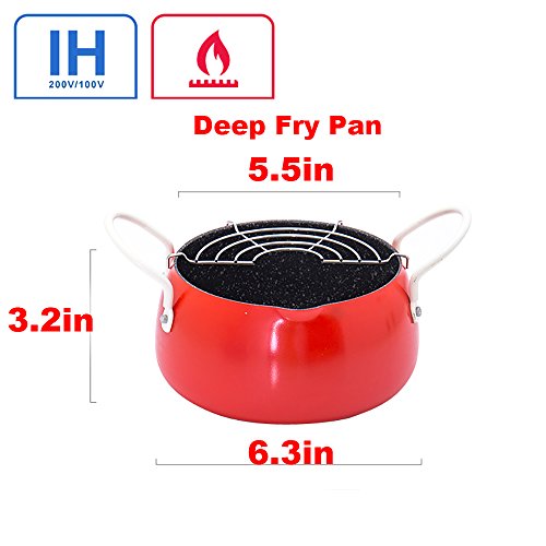 Click Here to See More Images Tempura Fryer Pot, Mini Deep Fry Pan with Drainer Mini Deep frying pan with oil frying pan 5.5 IN Aluminium alloy (Red)