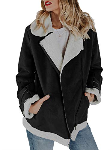 Sidefeel Women Faux Suede Jacket Zipper Up Front Coat Outwear with Pockets Small Black