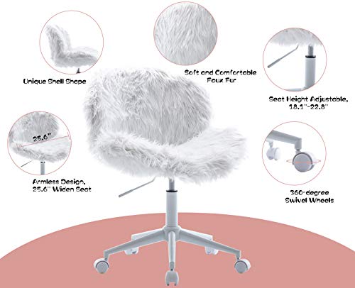White Vanity Chair Faux Fur Swivel Desk Chair Cute Fluffy Armless Office Chair Rolling Makeup 