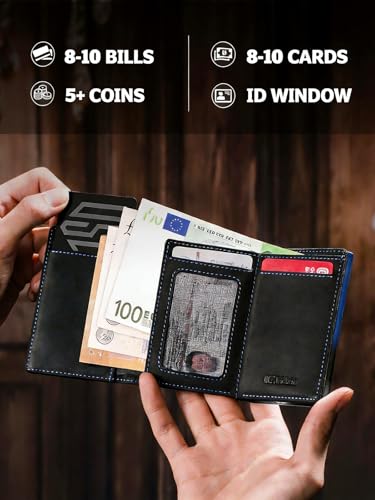 Men's RFID Blocking Anti-Theft Pop Up Wallet, Genuine Leather Slim Bifold Card Holder, Magnetic Closure, YKK Coin Pocket, ID Window, Holds 8-10 Cards or Bills, 5+ Coins, Travel Premium Gift for Men