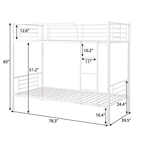 Twin Over Twin Metal Bunk Beds, Rockjame Space Saving Design Sleeping Bedroom Bunk Bed with Ladder and Safety Rail for Boys, Girls, Kids, Young Teens and Adults (White)