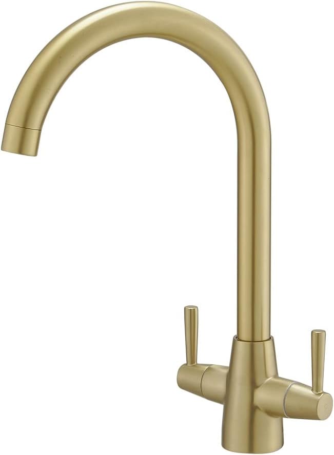 Heable Kitchen Mixer Tap Dual Lever Brushed Gold with UK Fittings