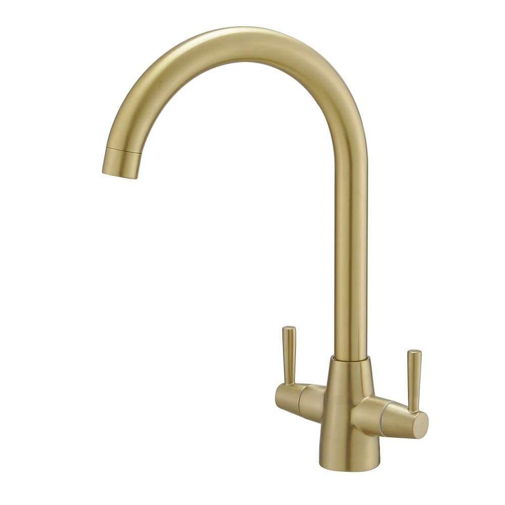 Heable Kitchen Mixer Tap Dual Lever Swivel Spout Brushed Gold Sink Taps with UK Standard Fittings