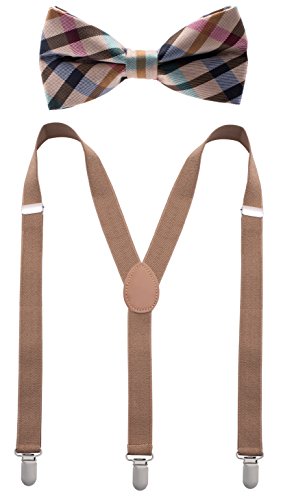 Bowtie & Suspender Set - Beige Checkered Bowtie & Beige Suspenders